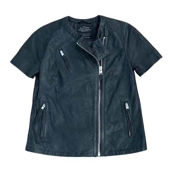 ALLSAINTS Short-Sleeve Moto Zip Front Leather Jacket I 2 - Picture 1 of 8